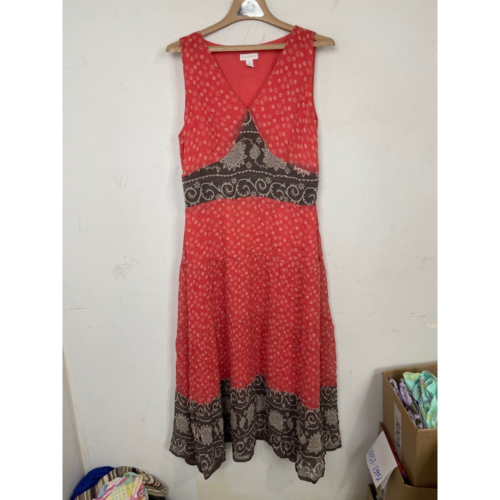 Charter Club Women 14 Silk Midi Dress Coral Red Brown Floral Border Print V-Neck